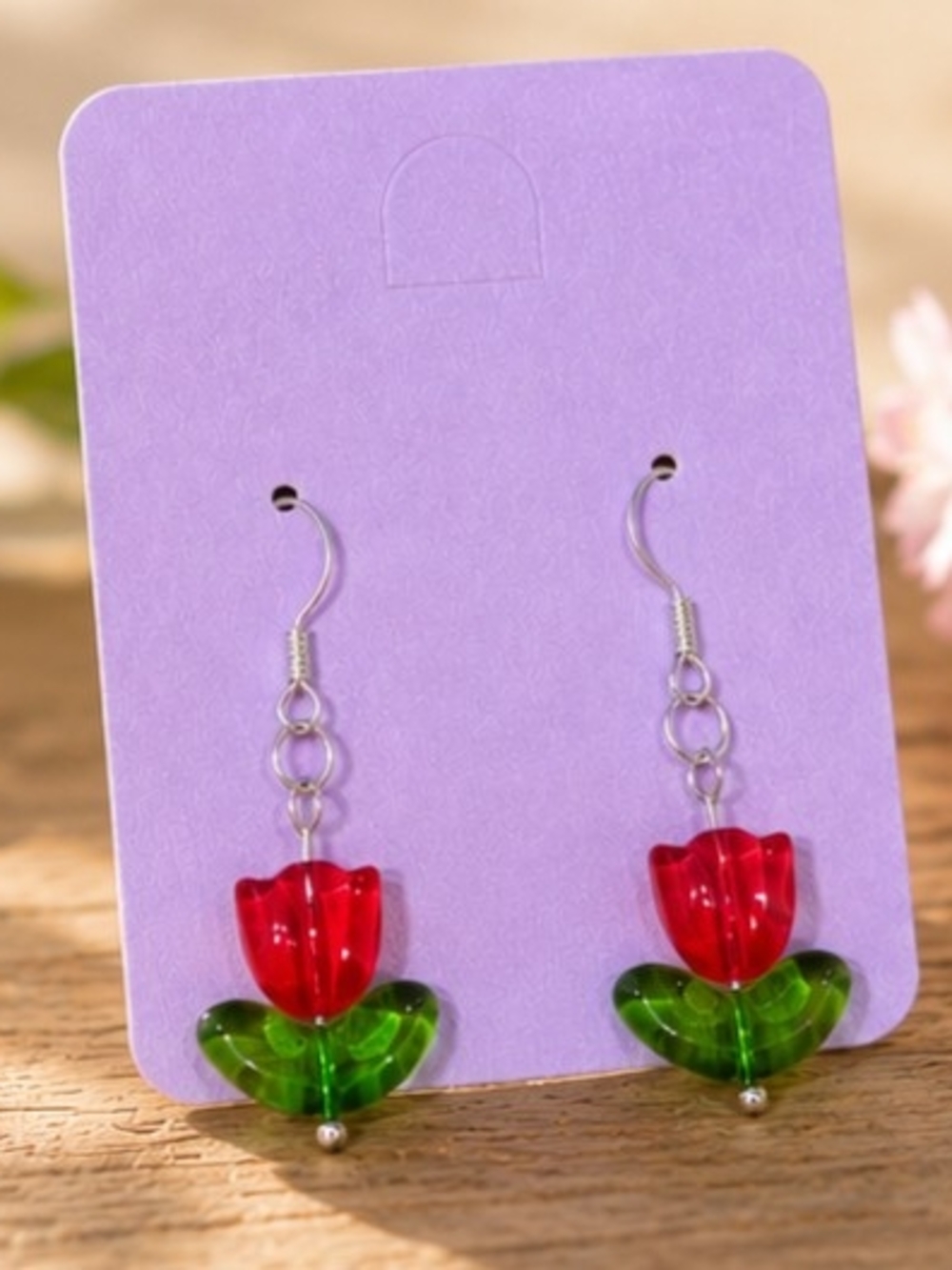 Red Tulip Drop Earrings with Green Leaves - Elegant Floral Dangle